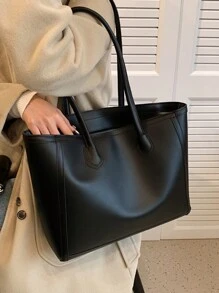 Bolso de hombro estilo retro de gran capacidad en unicolor para mujer, nuevo para otoño/invierno, con etiqueta con aplique de letras, correa de cadena metálica de moda, asas duales casuales, versátil para viajes, llamativo para el trabajo