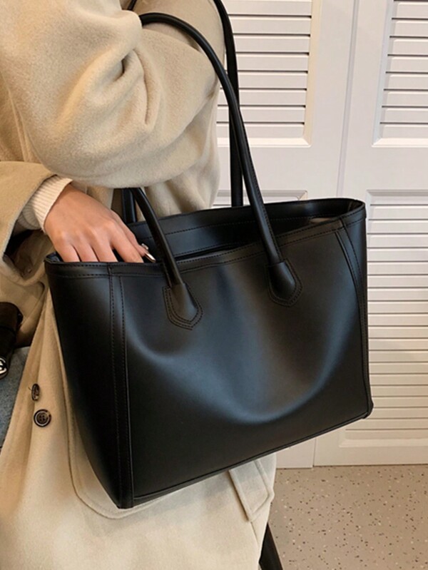 Bolsa Tote de Ombro com Capacidade Grande, Cores Sólidas, Estilo Retrô, Nova Coleção de Outono/Inverno para Mulheres, Adorno de Tag de Couro com Foil de Letra, Alça de Corrente Metálica na Moda, Asa Dupla Casual, Bolsa Tote Transversal Versátil para Ir e Vir, Bolsa de Trabalho Chamativa para Mulheres
