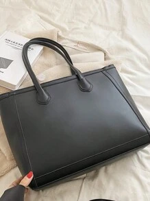 Bolso de hombro estilo retro de gran capacidad en unicolor para mujer, nuevo para otoño/invierno, con etiqueta con aplique de letras, correa de cadena metálica de moda, asas duales casuales, versátil para viajes, llamativo para el trabajo