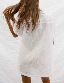 Swim Cover Up Shirt White Bubble Grid Short Sleeve Beach Bikini Cover Up With Pockets - White - View 5