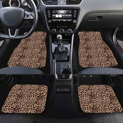 Easypie Selection 2pcs/4pcs Set Leopard Print Car Seat Cushion, Brown Leopard Pattern Front & Rear Car Seat Mats, Car Carpet Floor Mats, Car Decor Accessories, Stylish Brown Leopard Design, Car Floor Mats, Car Carpet, Cool Brown Leopard Pattern, Anti-Slip Car Mats, Dirt-Resistant, Create Exclusive Driving Space