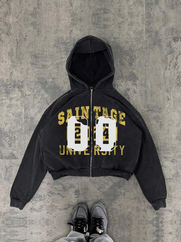 1pc Men's Casual Vintage Zip Front Hoodie With Digit 00 & Letter Print, Suitable For Spring And Autumn