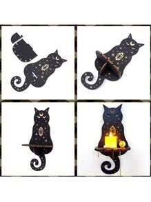 1pc Creative Crystal Shelf, The Shape Of Owl & Cat Designs For Wall Mounted Gemstone Storage, Wooden Wall Candle Holders, Indoor Crystal Display Wooden Crafts Wall Home Decor, Halloween Wall Decor, Bohemian, Wooden Plaque. Room Decor - Multicolor - View 8