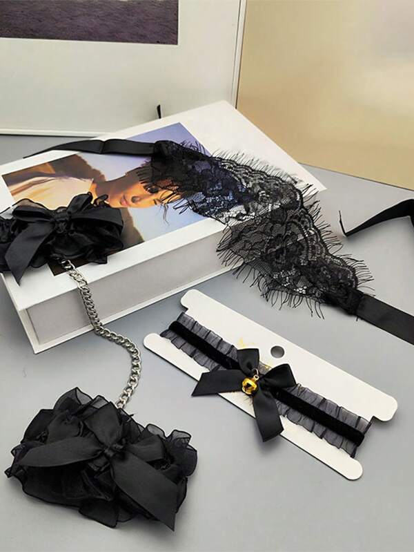 1 Set sexy Dessous-Accessoires: Spitzenüberwurf, Schleife; Spesshandschellen, Bondage-Halsband, Intime Damenaccessoires für den Valentinstag, Abschlussball