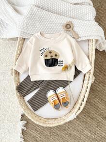 2 件套男婴/女婴 Harly Cake 字母刺绣运动衫和条纹松紧腰裤套装，秋冬