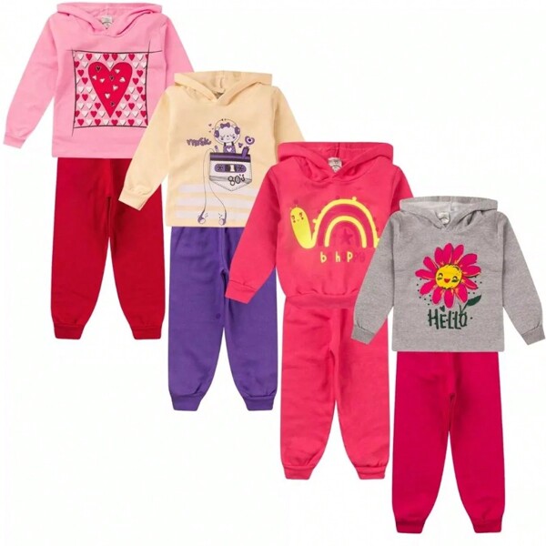 Kit 4 Peças Moletom Com Capuz Conjunto Infantil Menina Inverno Feminino