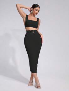 全新女式夏季性感无袖短款上衣，配紧身腰带和绷带裙套装，时尚派对礼服