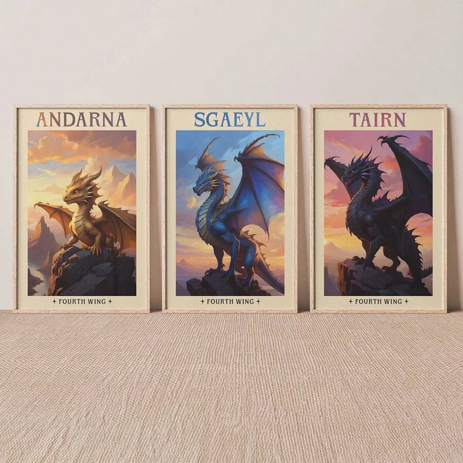 3 套无框第四翼龙复古海报 Tairn Andarna Sgaeyl 龙骑士艺术复古简约油画帆布印刷学院风墙壁画适用于宿舍、公寓、客厅、卧室、家居装饰 - 彩色 - 查看 1