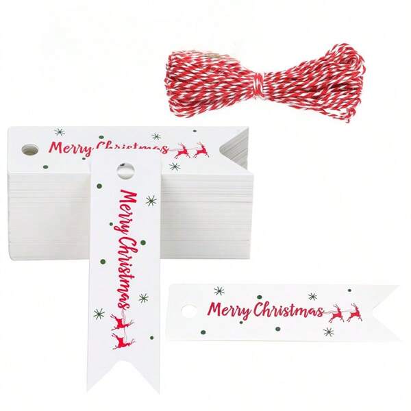 Etiquetas pequenas para presente de Natal, etiquetas para presente de Natal com 100 peças, etiquetas pequenas para feliz Natal, etiquetas para presente de papel branco com barbante para o Natal, embrulho para presente (2,8'' * 0,8''). Com 100 pedaços de barbantes vermelhos e brancos de 22 cm de comprimento, convenientes para amarrar., decoração de quarto, decoração de Natal, adesivos criativos para casa faça você mesmo, presentes para amigos, festa de Natal