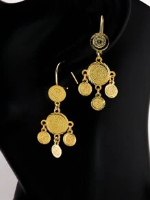 2件套复古金币流苏耳环，圆形纹理，铜质首饰，适合女性日常、派对、宴会等场合佩戴，阿拉伯风格配饰 - 金黃色 - 查看 8