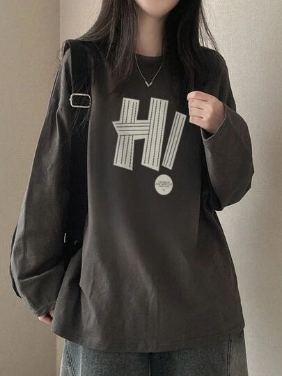 女士休闲圆领印花长袖 T 恤，时尚百搭，秋冬