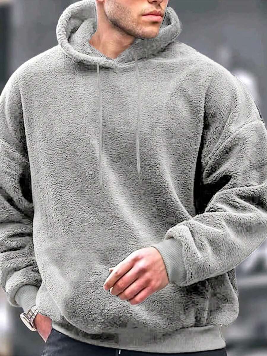 Sudadera con capucha de manga larga de felpa lisa con bolsillos para hombre - Gris - Ver 1