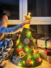 1 套全新 DIY 3D 圣诞树（带灯）无纺布挂饰、毛毡圣诞装饰品、圣诞场景装饰、环境装饰树、圣诞节和新年儿童玩具（适合男孩和女孩）