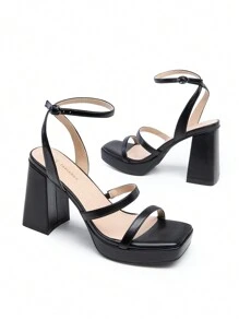 Women High Platform Heeled Sandals Fashionable Strappy Chunky Heel Open Square Toe Heeled Sandals For Summer Wearing - 黑色 - 查看 4