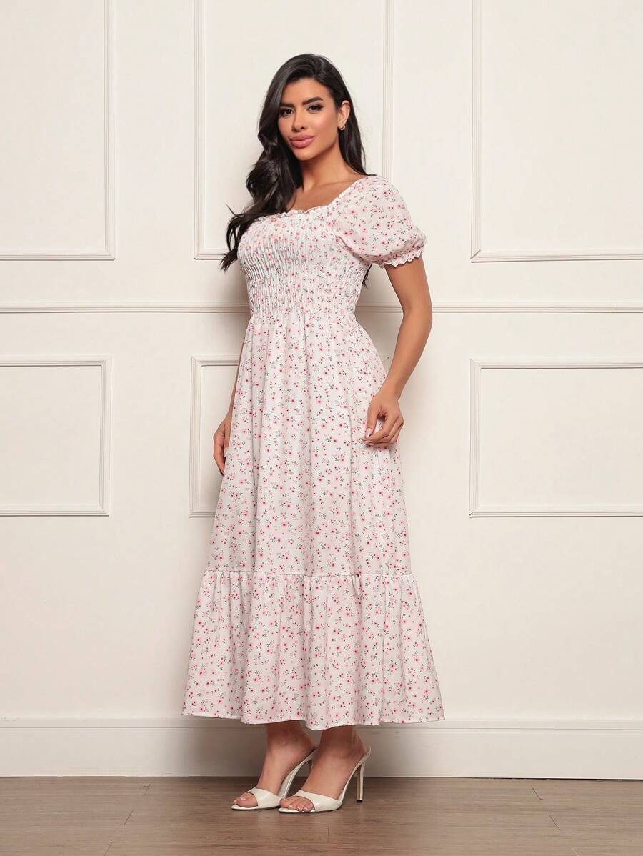 Long Dress With Puffed Sleeves Elastex Print - trắng - Xem 1