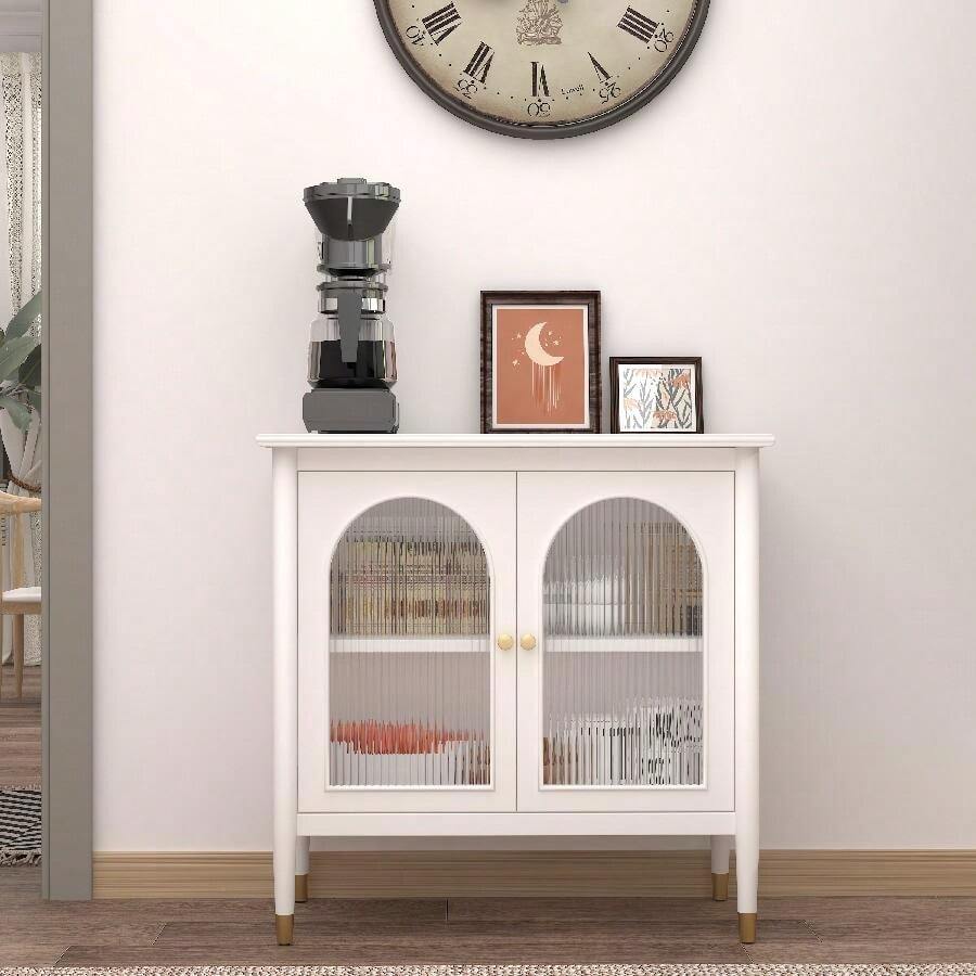 31.4" Storage Cabinets With 2 Arched Glass Doors, Side Board Buffet Cabinet For Living Room, - 白色 - 查看 1