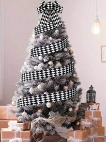 圣诞格纹丝带、黑白格纹金属边缎带、2M 涤纶布工艺丝带、钻石图案装饰丝带、用于圣诞包装工艺品的粗麻布丝带、用于圣诞树、家居装饰、房间装饰、包装 DIY 工艺品、圣诞节节日装饰 - 黑與白 - 查看 4