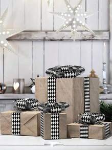 圣诞格纹丝带、黑白格纹金属边缎带、2M 涤纶布工艺丝带、钻石图案装饰丝带、用于圣诞包装工艺品的粗麻布丝带、用于圣诞树、家居装饰、房间装饰、包装 DIY 工艺品、圣诞节节日装饰 - 黑與白 - 查看 6