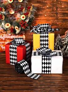 圣诞格纹丝带、黑白格纹金属边缎带、2M 涤纶布工艺丝带、钻石图案装饰丝带、用于圣诞包装工艺品的粗麻布丝带、用于圣诞树、家居装饰、房间装饰、包装 DIY 工艺品、圣诞节节日装饰 - 黑與白 - 查看 3
