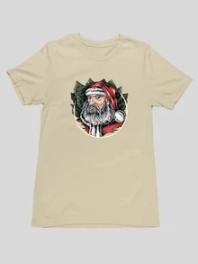 Men's Basic T-Shirt With Santa Print, 100% Cotton Knit, Short Sleeve, Round Neck - 米色 - 查看 2