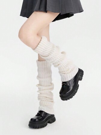 1 双女式白色竖条纹厚针织柔软保暖紧身裤，腿部塑形，简约 Y2K 百搭长筒腿套，适合秋冬季