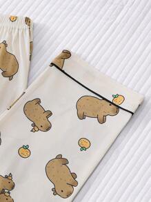 2 件套女士水豚印花睡衣套装，舒适翻领短袖上衣和宽松松紧腰裤，休闲户外/室内纯色家居睡衣和家居服