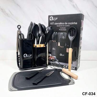 Kit 19 Utensílios de Cozinha – Silicone com Cabo de Madeira + Suporte – Resistentes ao Calor e Antiadherentes