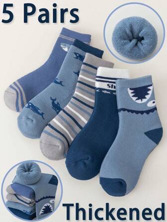 5 paires de chaussettes d'équipage épaisses et doublées thermiques avec motif de requins dessin animé, convient pour l'automne/hiver