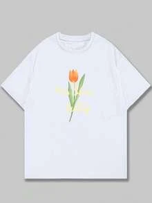 Flower T-Shirt With Phrase Unisex Blouse Premium Print Casual Comfort Streetwear - 白色 - 查看 1