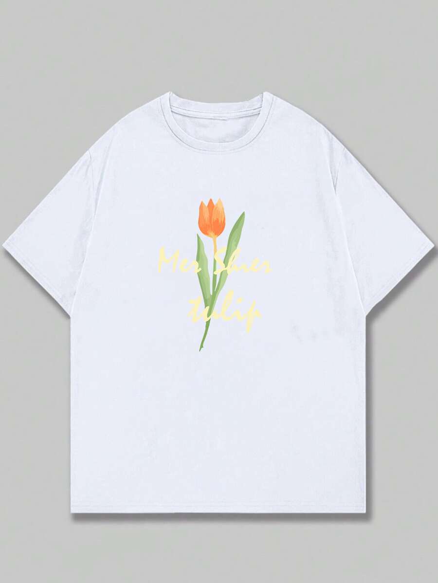 Flower T-Shirt With Phrase Unisex Blouse Premium Print Casual Comfort Streetwear - 白色 - 查看 1