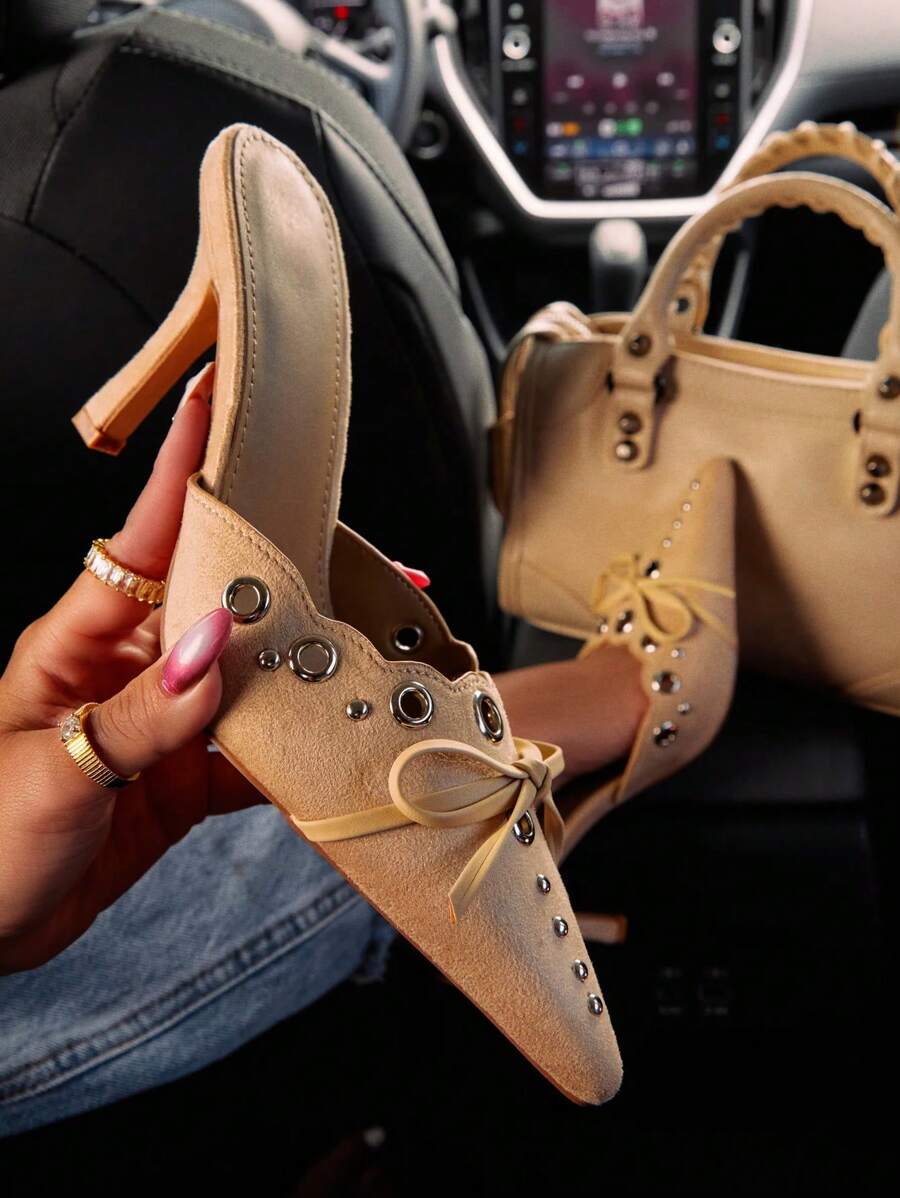 High Heeled Mules For Women Slip On Pointy Bow Heels Suede Dress Kitten Pumps Backless Wedding Shoes - Màu be - Xem 1