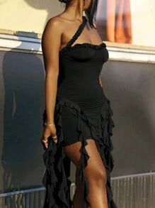 Jellyfish Ruffle Halter Sexy Dress, Graduation Gown Black Summer Party Elegant - Black - View 9