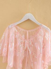 女士复古亮片彩色粉色叶子图案 1920 年代披肩，优雅的薄纱网眼围巾，适合婚礼、派对和礼服。