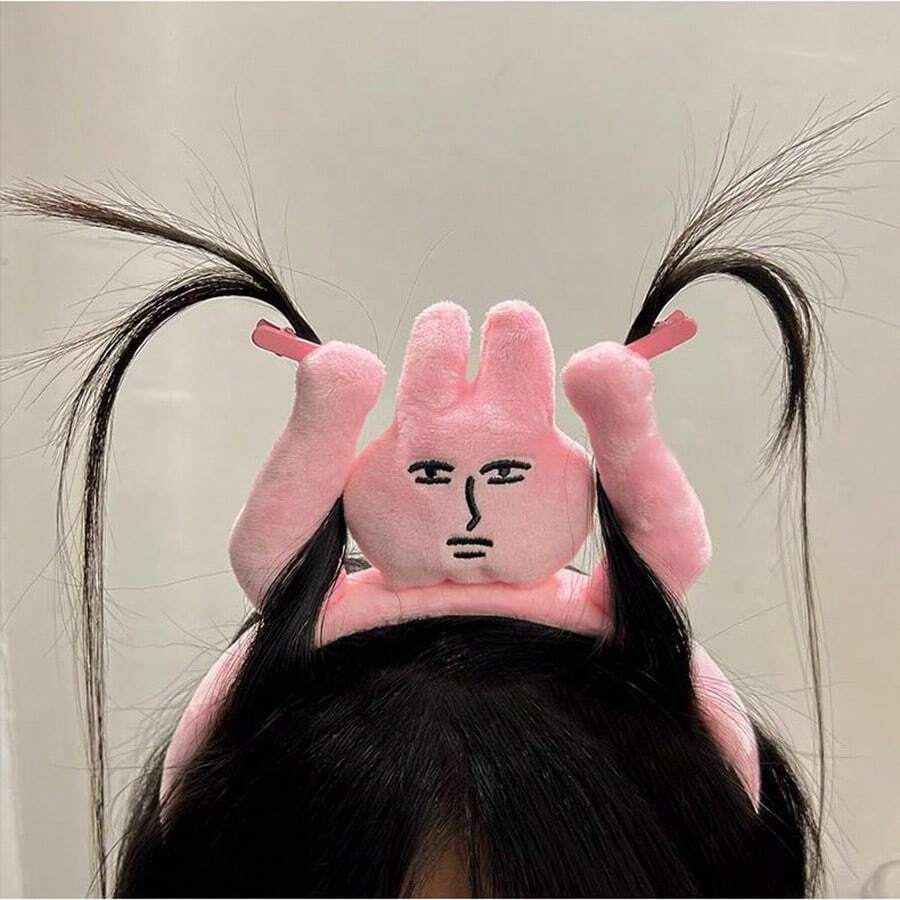 1pc Fun Pink Bunny Fluffy Headband, Grab Bangs Hair Accessory - Multicolor - View 1