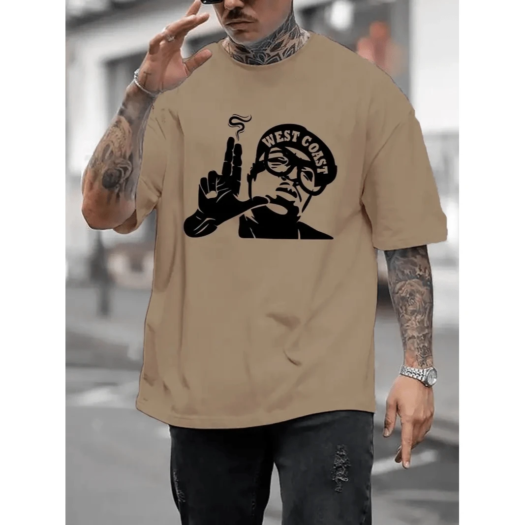 OverSized West Coast Rapper Cap T-Shirt (FRONT) Men Women Cotton Reinforced Stitching Shirt Unisex StreetWear - 米色 - 查看 1