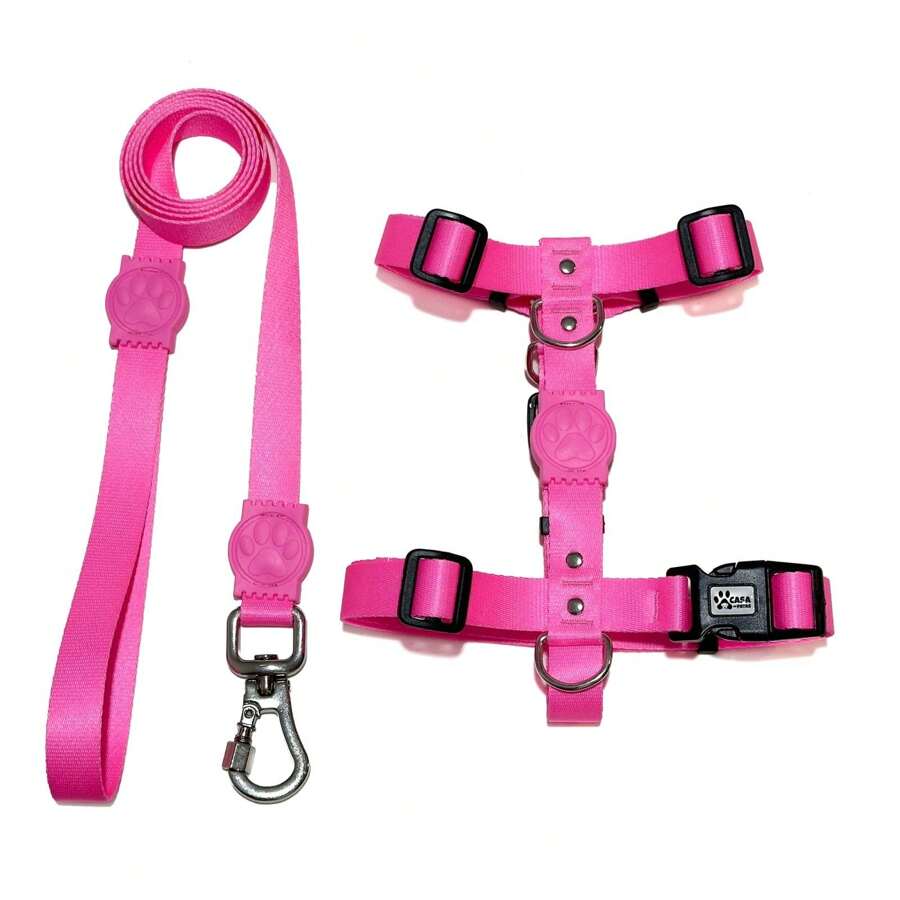 Peitoral H para Cachorro com guia padrão de 1,20m - Rosa chiclete - Visão 1