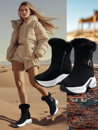 2025 Winter New Thick Bottom Women's Boots, Outdoor Sports Black Snow Boots, Increased Height Platform, Versatile, Thermal Lined, Warm, Mid-Calf, Side Zipper, Buckle, Fur Trim, Plus Size