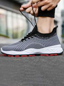 Men's Solid Color Hollow Breathable Mesh Low-Top Shallow Mouth Casual Sports Shoes, Lightweight And Comfortable Round Toe Lace-Up Men's Tennis Sneakers, Suitable For Basketball, Boys And Teenagers Outdoor Walking Wear - 灰色 - 查看 2