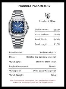 POEDAGAR 1块不锈钢方形表盘日期石英表，休闲防水夜光男士手表，时尚腕表，适合日常佩戴，男士礼物 - 均碼 - 查看 7