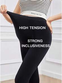 1pc Maternity Tights, Black, Thermal Lined, Adjustable Belly Support Band, Suitable For Everyday Wear