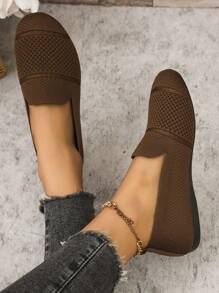 Women's Knitted Flat Mesh Sneakers, Round Toe Casual Slip-On Comfortable Mom Shoes For Daily Walking