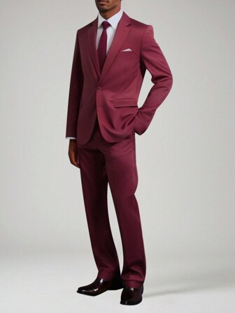 CLOUDSTYLE 男士酒红色翻领长袖夹克和裤子商务旅行西装套装，春秋