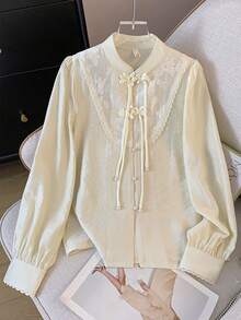 Áo dài tay Hanfu ren mơ thanh lịch hiện đại phong cách Trung Hoa mùa thu cải tiến năm mới của Trung Quốc - Màu be - Xem 3