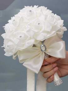 1件装奢华新娘捧花，水晶水钻缎带蝴蝶结人造玫瑰花，婚礼新娘手抛花，伴娘捧花，教堂仪式，求婚，舞会玫瑰蕾丝缎带拍照道具，情人节配饰