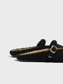 نعال منزلية فرائية ناعمة للنساء، ذات وسيط سميك أنيقة بشكل إسفين على الطراز، مغلقة بالأصابع دافئة غير انزلاقية من الصوف