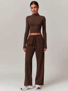 Libin 女士裤子 居家休闲裤 运动裤 阔腿裤 舒适亲肤 - 咖啡棕 - 查看 8