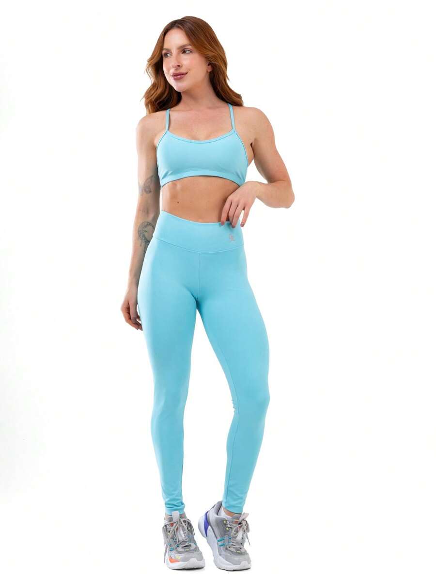 Women's Basic Plain Gym Fitness Set Top, Leggings, High-Rise, Zero Transparency - 淺藍色 - 查看 1