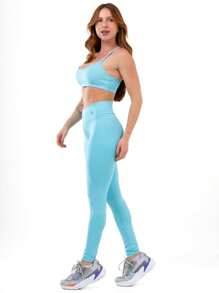 Women's Basic Plain Gym Fitness Set Top, Leggings, High-Rise, Zero Transparency - 淺藍色 - 查看 2