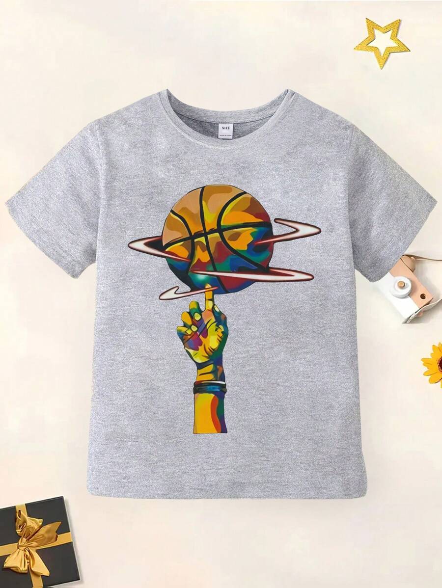Young Boy Stylish Basketball Printed Crew Neck T-Shirt With Bold & Cool Design, Summer