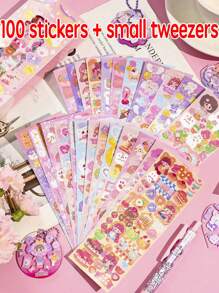 高颜值贴纸不重复套装贴纸装饰小图案，混合贴纸套装包内含20.30.40.50.100张可爱卡通贴纸，防水镭射材质，自带切割线，无需裁剪（贴纸样式随机）赠送1个小镊子，超级好玩，3岁及以上儿童随意DIY，（可DIY水杯/笔筒/手账本/星空膜） - 彩色 - 查看 20